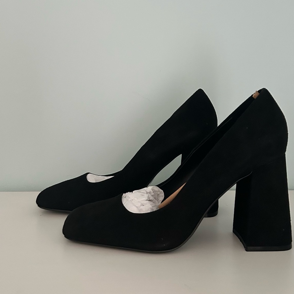 New Zara Black real Suede Block Heel Pumps - Women's